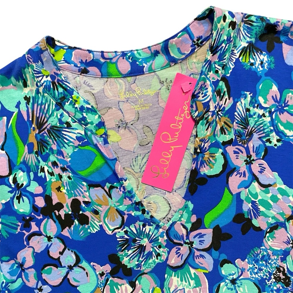 đź’™Lilly Pulitzer Alaina 3/4 Sleeve Tiered Swing Dress Blue Grotto Twilight Tropic - Picture 11 of 15